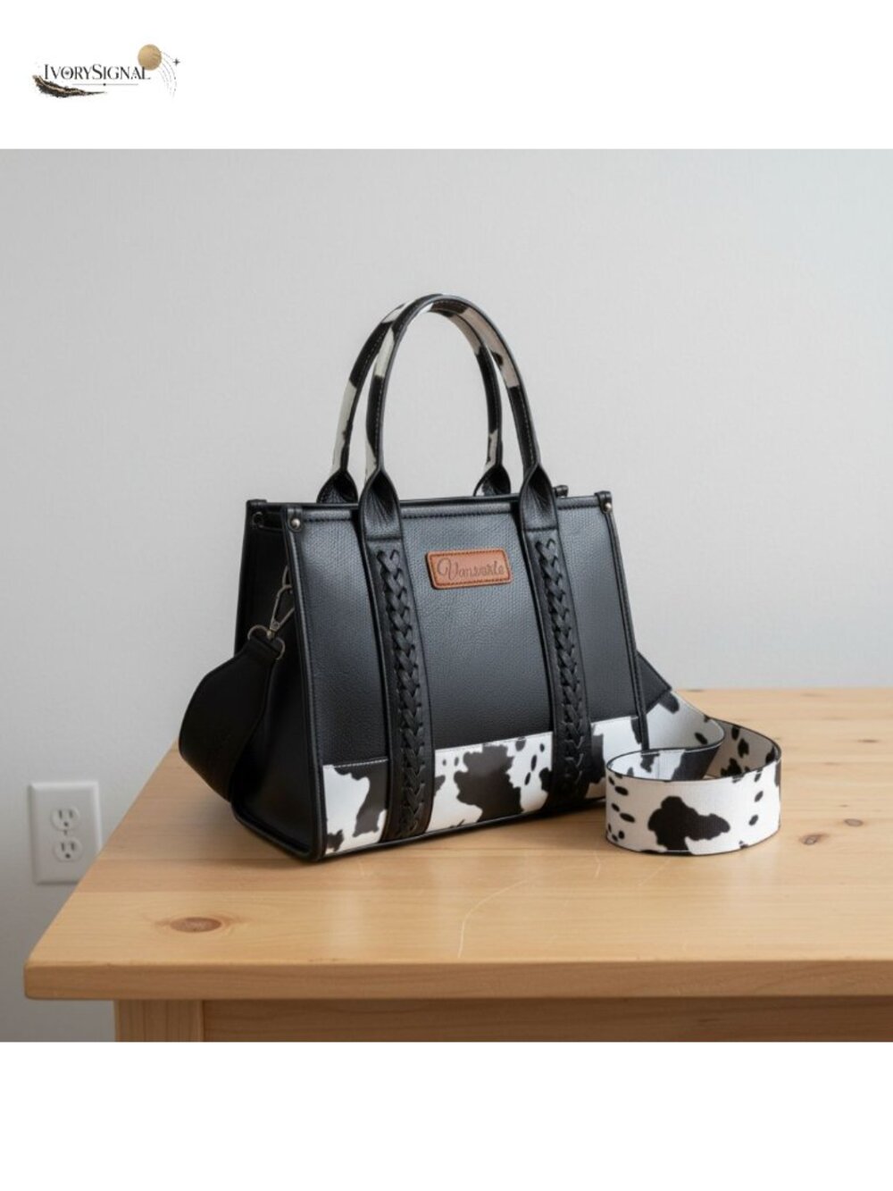 Vegan Leather Tote Bag Satchel Purse Top Handle Cow Print Detachable Strap